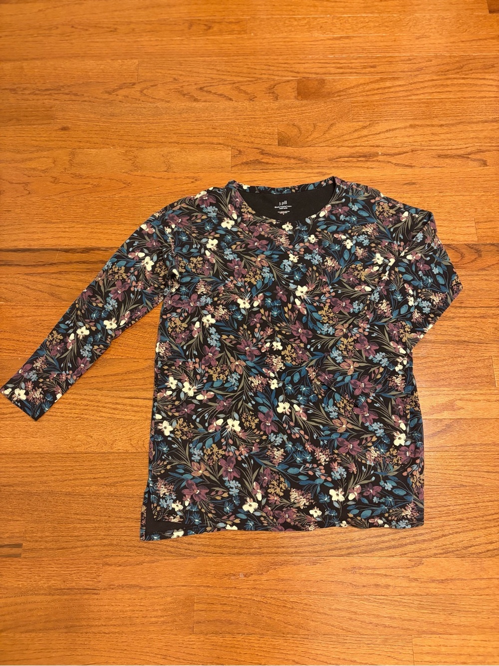 J. Jill | Black Floral Long-Sleeve Top - Black with Blue & Purple. Size S